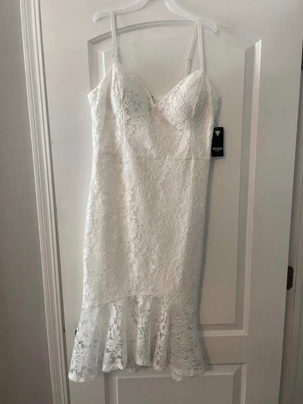 Guess White Lace Midi Dress with Flared Hem